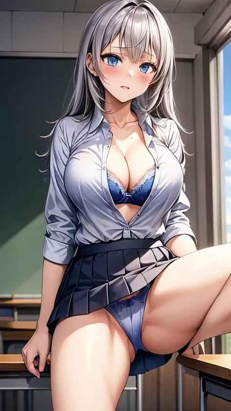 high school girl , beauty , Silver Hair  , Huge breasts , (light blue panties:1.2) , (Spread your legs:1.2) , (Are standing:1.2) , (Her shirt is unbuttoned and her light blue bra is visible:1.2) , classroom , absentminded