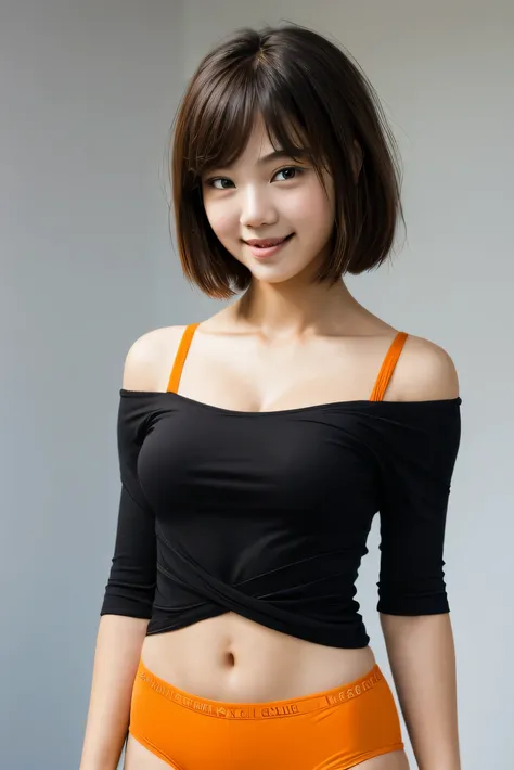 ((Half body potrait)), 1 cute girl (18yo) upper body, slim waist, small breast, sexy pose, naugthy face, bangs, ((Very short haircut1.7)), cleavage, navel, off shoulder, seductive smile, wear orange sexy underwear, gray background, ((Realistic:1.3)).