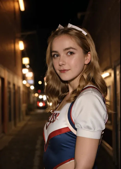 35mm, Fuji Superia 1600, ISO-1200, f/4, 0, 1/60, a night time, dimly lit close-up shot photo of ((sks woman:1.15)) wearing a ((cheerleader outfit)), in a small town alley with faraway cars passing behind her
