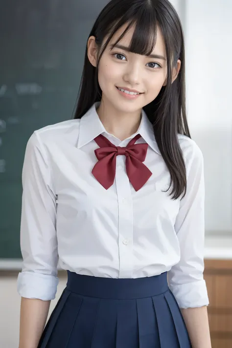 (Highest quality、Tabletop、8k、Best image quality、Award-winning works)、Cute school girl、(White polyester collared shirt:1.1)、(Red uniform bow tie on chest:1.1)、(Navy Pleated Skirt:1.1)、Girl portrait photography、Glowing Skin、Standing Elegantly、(Perfect blurre...