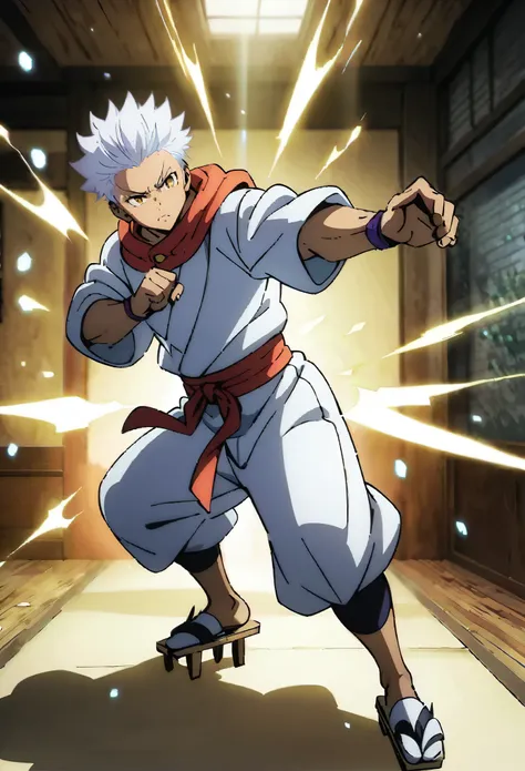 dynamic pose, fighting stance, 1 guy, brown skin, snow white hair, spikey hair, short hair, fade haircut, (sparkling eyes), yell...