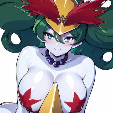 (masterpiece,best quality,ultra-delicate,Perfect Face,16k,high resolution,very beautiful girl),green hair ,huge gold star shape ornament in front of the crotch:1.5, large Breasts ,pale blue skin,red star shape nipple cover, yellow helmet with red fur,red f...