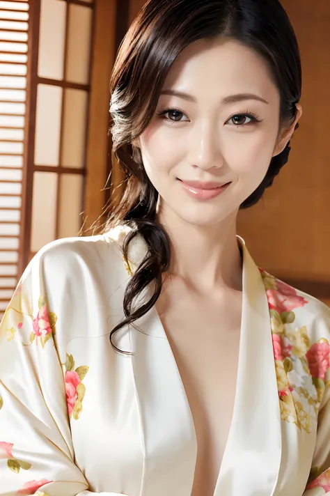 (Highest quality、Tabletop、8k、Best image quality、Award-winning works)、(One beautiful mature woman:1.1)、Adult face、(Innkeeper:1.1)、(Elegant floral kimono:1.2)、(V-neck collar:1.1)、(Cleavageが露わになる:1.2)、(Kimono that shows the chest:1.3)、(Cleavage:1.5)、(Open the...