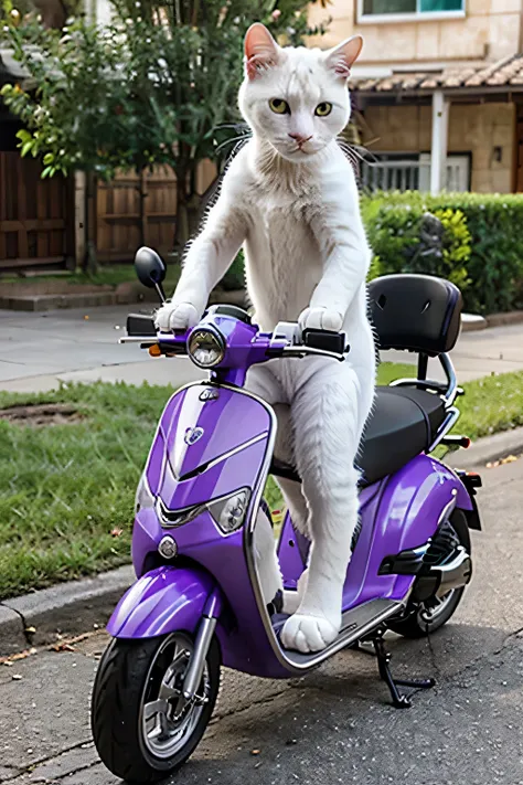 white cat with black spots and his purple electric scooter