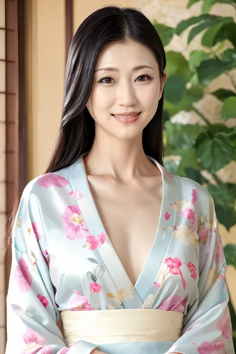 (Highest quality、Tabletop、8k、Best image quality、Award-winning works)、(One beautiful mature woman:1.1)、Adult face、(Innkeeper:1.1)、(Elegant floral kimono:1.2)、(V-neck collar:1.1)、(Cleavageが露わになる:1.2)、(Kimono that shows the chest:1.3)、(Cleavage:1.5)、(Open the...