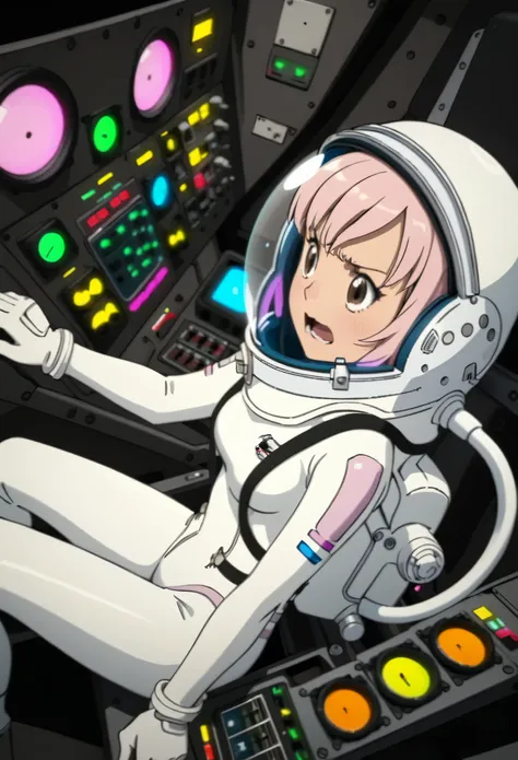 eva helm, spacesuit , astronaut), from above, pink hair, bubble helmet, space helmet, (1girl:1.1) wearing a (spacesuit:1.15), wh...