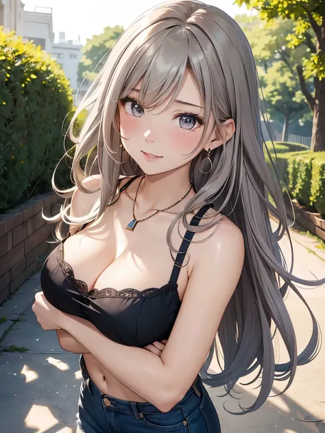 (Highest quality, High resolution,  Masterpiece, 4K), (Soft light、Luster of hair、Beautiful eyes)、young woman、The whole body is visible、Adorable smile、 ((Wavy long hair, bangs, Light-colored hair)), ((Wistful eyes、Gray Eyes, Perfect Eyes)), ((Detailed face,...