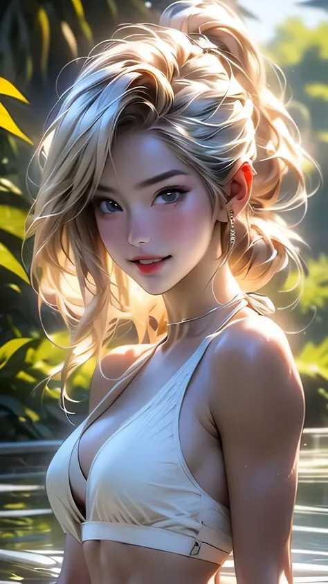 One girl, high school girl、(((White bikini set))), Summer clothes、Wet and transparent、(ponytail)、I can see your belly、cute, wonderful, Beautiful attention to detail, Iris, (Blonde Hair), In detail, Depth of written boundary, Highly detailed CG, original, H...