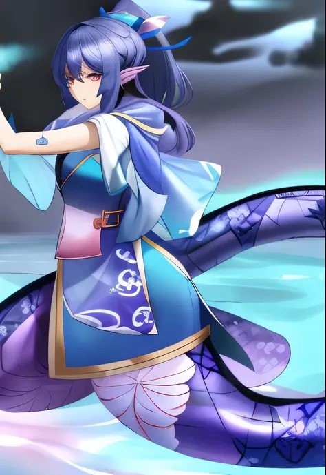 lamia samurai with dark  blue hair pink eyes and deep blue and purple  water patterned scales in a aqua colored outfit