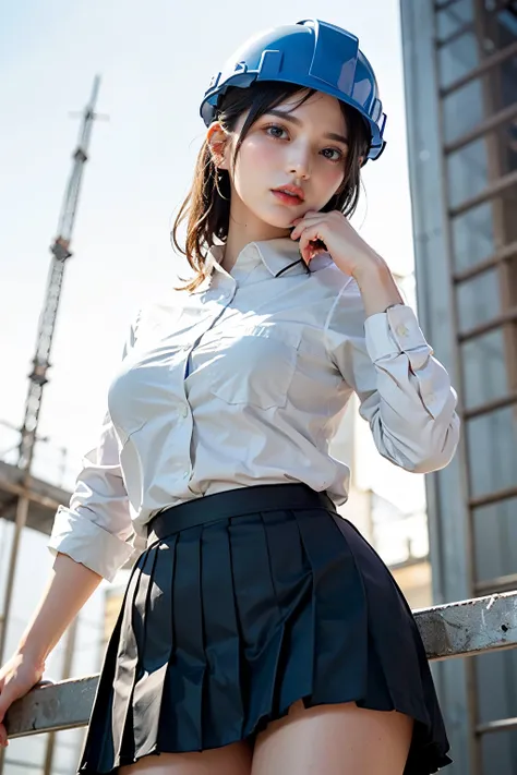 Masterpiece, bokeh, (Beautiful face), (Detailed face), (Japanese idle), (White work shirt:1.3), (Dark blue Pleated skirt:1.3), (Blushed face:1.3), (Plump breast:1.2), (Dynamic pose on Steel bridge in construction site:1.5), (Yellow helmet:1.2), (From below...