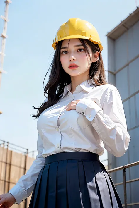 Masterpiece, bokeh, (Beautiful face), (Detailed face), (Japanese idle), (White work shirt:1.3), (Dark blue Pleated skirt:1.3), (Blushed face:1.3), (Plump breast:1.2), (Dynamic pose on Steel bridge in construction site:1.5), (Yellow helmet:1.2), (From below...