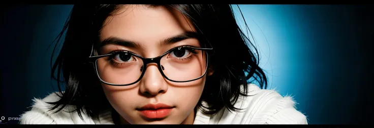 12-year-old Supergirl looks on through her black-rimmed glasses.、Close-up of black-rimmed glasses、12-year-old Supergirl looks on through her black-rimmed glasses.、Eyes close-up、Black-rimmed glasses from the front、(Full-screen black-rimmed glasses:1.5)、Look...