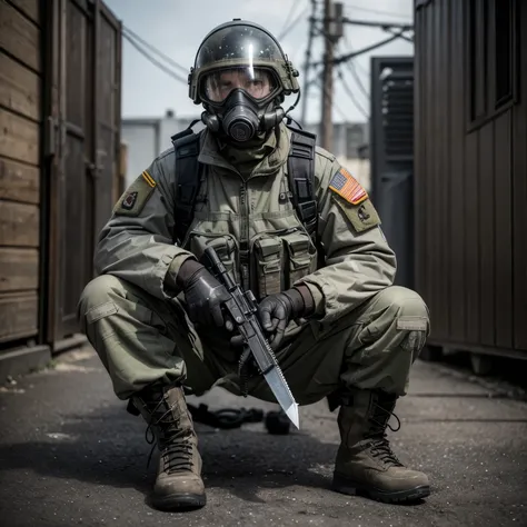 Soldier in gray uniform, ballistic helmet, military boots, military equipment (grenades, pistol, knife, radio) and harmful gas mask