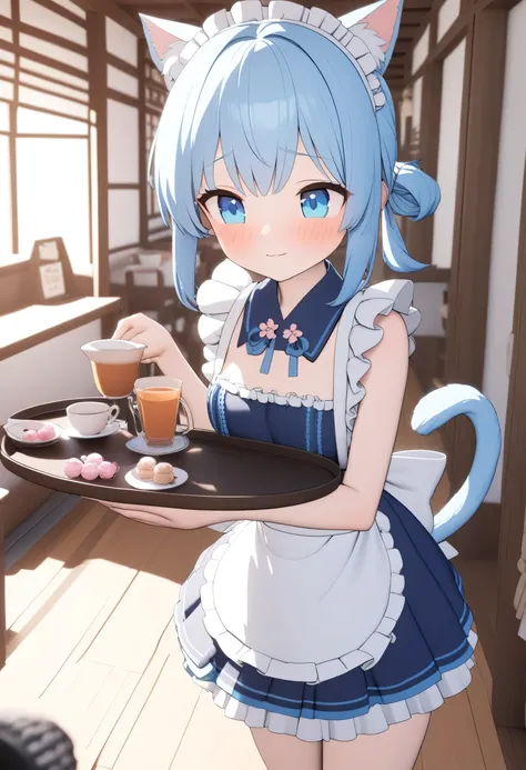 anime catgirl, super cute, with semi-long blue hair tied with blue ribbons at both ends, large blue eyes, wearing a mini-skirt maid outfit with a frilled skirt and apron, white and blue color scheme, fluffy white cat ears and tail, standing in a traditiona...