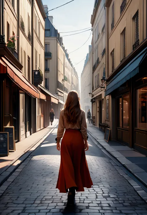 photorealistic woman walking on a street in Paris, with the back to the camera