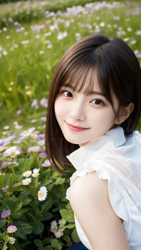 (Highest quality,masterpiece:1.3,Ultra-high resolution),(Very detailed,Caustics,8k),(Realistic:1.4,RAW shooting),(Girl lying in a flower field),18-year-old,cute,Japanese,Black short hair,Smiling and looking up at the camera,White blouse,(big ),Bust up shot...