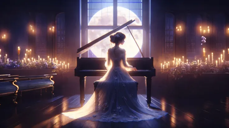 (High Quality, 8K, Ultra HD), A soothing image of the song "Moonlight Piano", no text needed, Ambient Felt Piano, Mysterious Beautiful Woman, Digital Painting, Concept Art, 3D Lighting, 2D Rendering, ArtGam, ArtStat Trends, Photo-Realistic