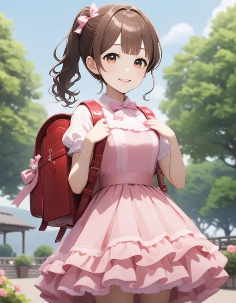 Masterpiece, hd, 1girl wearing a pink idol dress (idoldress) layered skirt, frills, ribbon, bow, sequins, smile, (Brown hair), outdoor, ponytail, standing, outdoor, wearing randoseru backpack, (randoseru backpack:1.2), day