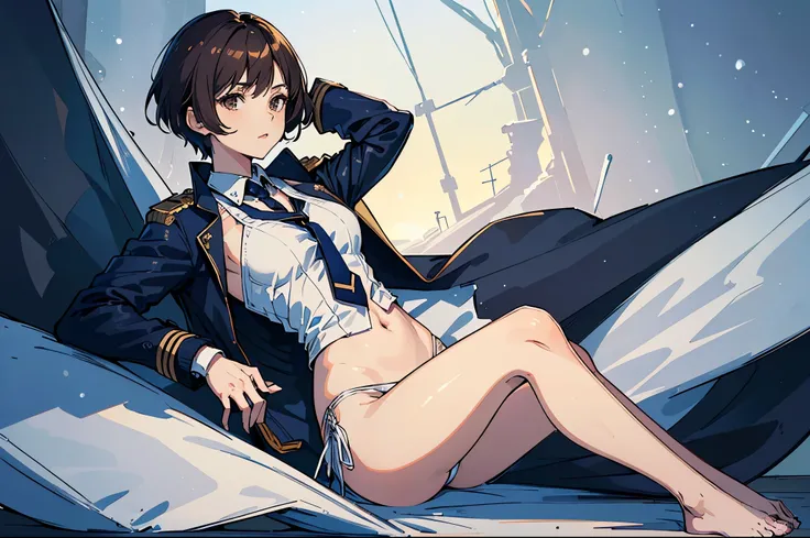 masterpiece,(Perfect Anatomy:1.5), highest quality, a lady , slender, leggy, Seductive, short hair, brown hair, (wear a white long sleeved shirt, tie, navy officer winter jacket:1.5), white bikini panties , barefoot, Perfect hands, Perfect body, reclining,...