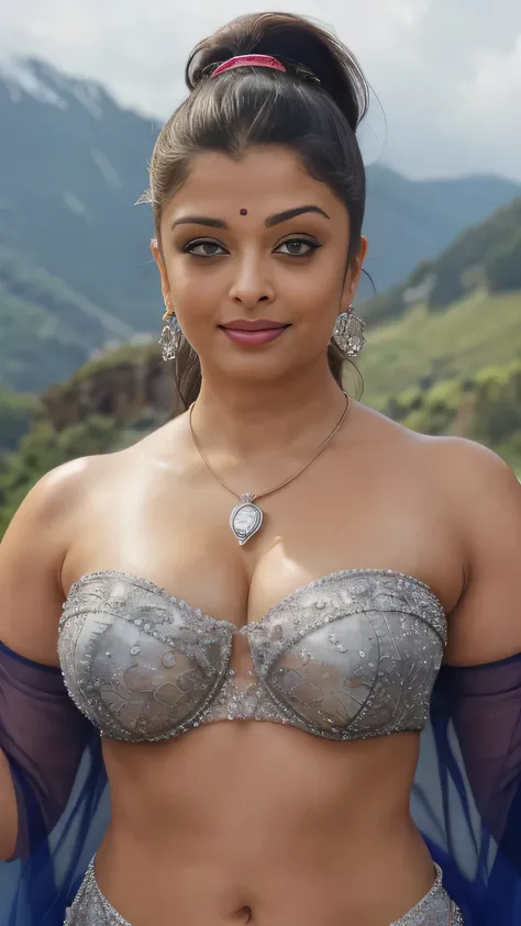 extreme close up photo of sexy latina, aishwarya, big cheeks, curvy, hourglass figure, swooping breasts, deep cleavage, open arm...