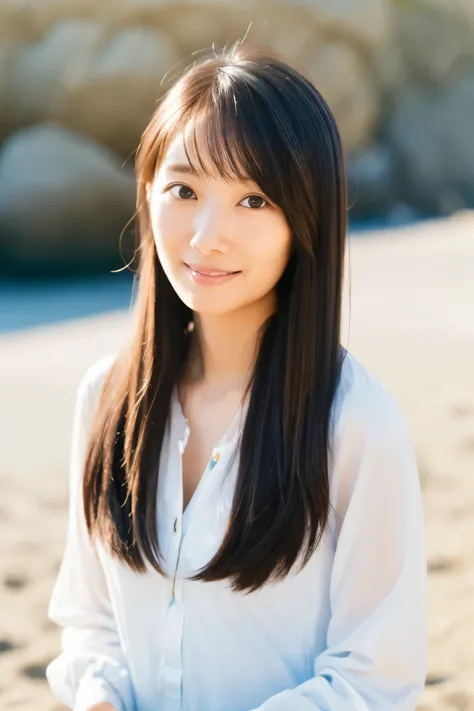 8k, highest quality, masterpiece, super high resolution, (realistic:1.4), RAW Photos, (Film Grain:1.3), One Girl, portrait of a skinny Japanese woman, 30 years old, standing on the beach, a cute face, detailed face, detailed eyes, {short|long} hair, correc...