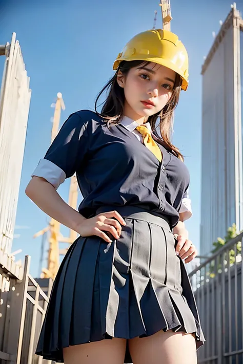 Masterpiece, bokeh, (Beautiful face), (Detailed face), (Japanese idle), (School uniform:1.3), (Pleated skirt:1.3), (Blushed face:1.3), (Plump breast:1.2), (Standing in Steel bridge of construction site:1.5), (Yellow helmet:1.3), (From below:1.5), 