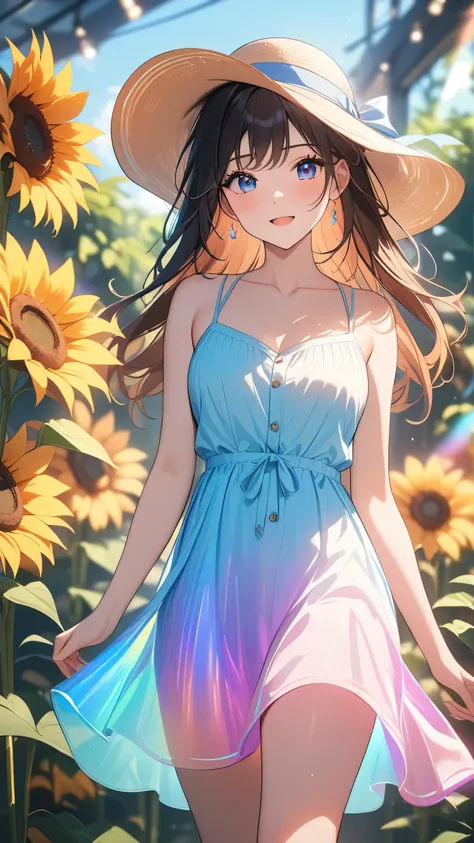 masterpiece, best quality:1.3, 1girl, sun dress, sun hat, sun flower garden, expressive face, natural lighting, vibrant colors, cinematic lighting, soft focus, prismatic, holographic,chromati caberration,
