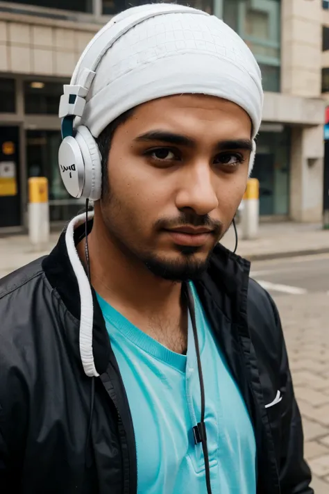 Muslim man enjoy headphones sound