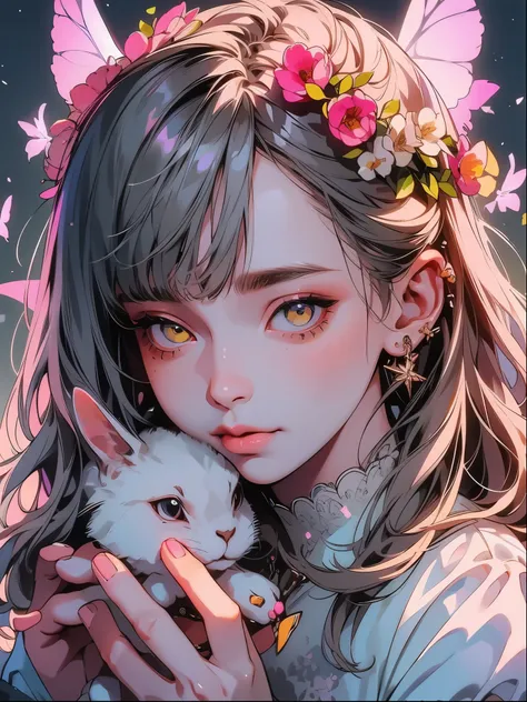 Detail, realism, 4k, 15-year-old girl, face detail, large yellow eyes, plump lips, upturned nose, gray hair with pink strands, in a white dress, with a rabbit in her hands, flowers in the background, white butterflies in the foreground, realistic shooting,...