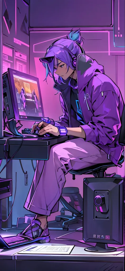 Imagine an MBTI debater、A man in purple clothes playing video games on a powerful computer in his room。Cyber chic, stylish and cool。