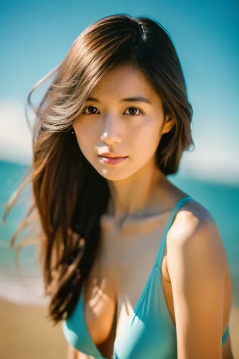 8k, highest quality, masterpiece, super high resolution, (realistic:1.4), RAW Photos, (Film Grain:1.3), One Girl, portrait of a skinny Japanese woman, 30 years old, standing on the beach, a cute face, detailed face, detailed eyes, {short|long} hair, correc...