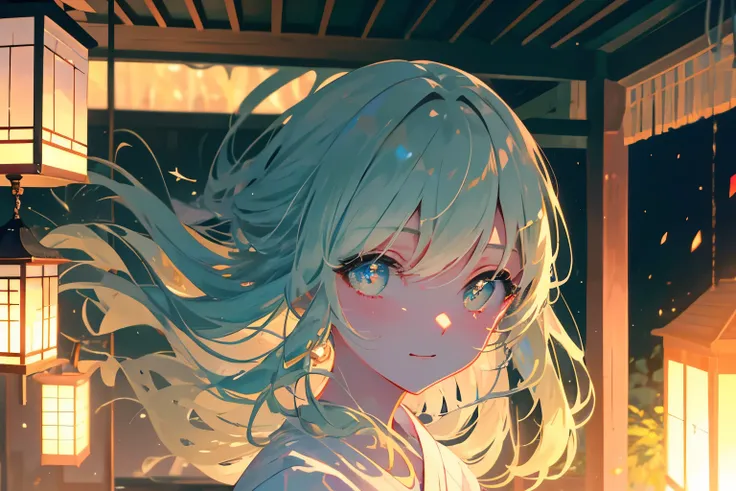 Create exquisite illustrations reminiscent of Makoto Shinkais style, It has ultra-fine details and top-notch quality. Create a high-quality illustration depicting a beautiful girl sitting on the veranda of an old Japanese house on a summer day, with wind c...