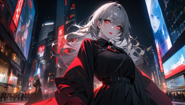 Modern city, night street, girl and her shadow, shadow is the demon in the girls mind, tense lens, body of the photo is big city background, bright and fresh photo, beautiful abstract big city and teenage girl character in it. Gray hair color, red glowing ...