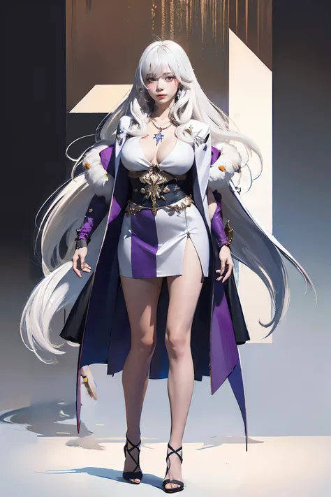 ((woman with tattoo on chest)), girl, ((long white hair with bangs,, Black strands of hair)), Purple eyes, White T-shirt and white cape, Pendant around the neck. 超High resolution.Realistic. 超High resolution.Realistic:1.4,超High resolution. Realistic，High re...