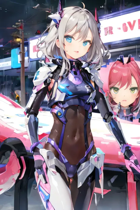 ((​masterpiece:1.4、top-quality))+、(ultra-detailliert)+、
1 girl in、cyberpunkcity、flat-chest、hair wavy、mecha clothes、(robot girl)、Cool move、Silver Bodysuit、colorful backdrop、rainy day、(lightning effects)、Silver Dragon Armor、(cold face)、cowboy  shot、cute girl