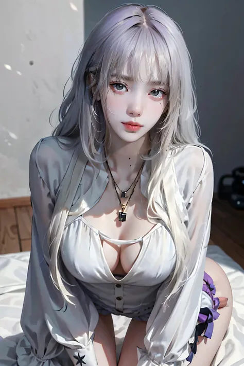 ((Woman with tattoo on chest)), girl, ((long white hair with bangs,,, Black strands of hair)), Purple eyes, White T-shirt and white cape, Pendant around the neck. 超High resolution.Realistic. 超High resolution.Realistic:1.4,超High resolution. Realistic，High r...