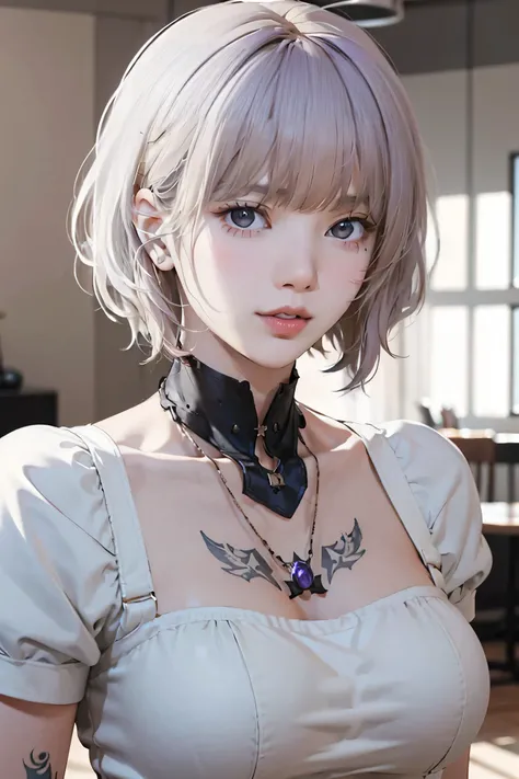 ((Close-up of a woman with tattoos on her chest)), girl, ((Short white hair with bangs, Black strands of hair)), Purple eyes, White T-shirt and white cape, Pendant around the neck. 超High resolution.Photorealistic. 超High resolution.Photorealistic:1.4,超High ...