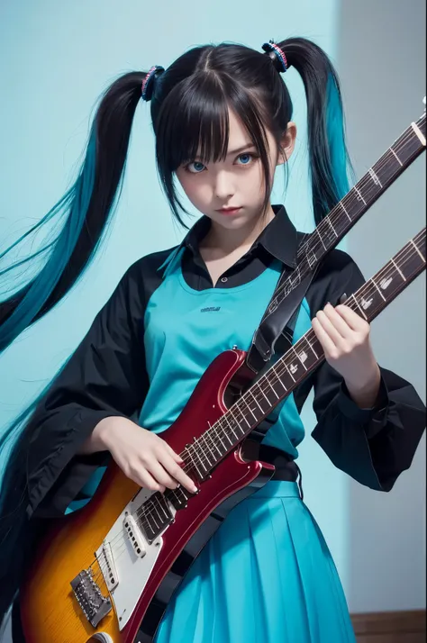 ((masterpiece, Highest quality))One girl, alone, Black Dress, blue eyes, electric guitar, guitar, Headphones, Double Ponytail, Holding, Holding plectrum, musical instrument, Long Hair, music, One side up, Turquoise Hair, Twin tails, guitarを弾く, Pleated skir...