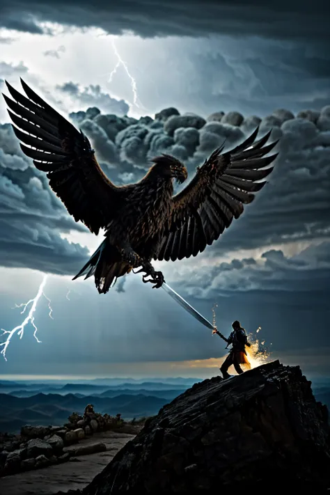 ((best quality)), ((masterpiece)), (detailed), （Realistic）
A short-haired man holding a sword is fighting a black phoenix face to face，side，panoramic，Sky，Broken stones，lightning