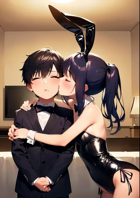 1boy, 1girl, shota, kissing cheek, playboy bunny, puckered lips, lips, closed mouth, closed eyes, masterpiece, best quality, absurdres, girl kissing boy on cheek, dynamic lighting, lighting effect