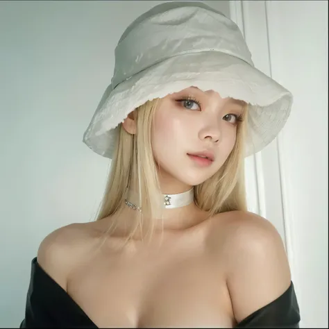 blond woman with a hat on her head posing for a picture, with hat, face like ester exposito, wearing a chocker and cute hat, bella poarch, she is wearing a hat, yelena belova, dasha taran, white bangs, leaked image, hair whitebangs hair, 18 years old, inst...