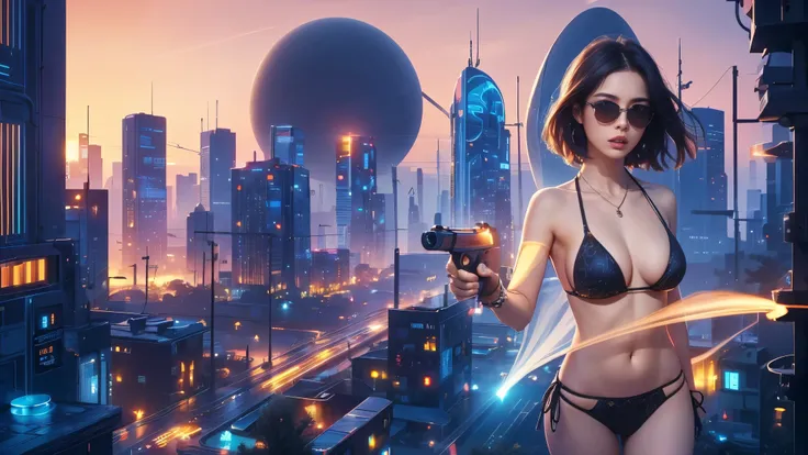 (((a medium-breast bikini slim GIRL with black micro sunglasses))), (((aiming at viewer with a pistol))), a balcony of a futuristic building, aerial view of an ultra-futuristic megalopolis, many metal buildings and houses in dark colors from dark blue to b...