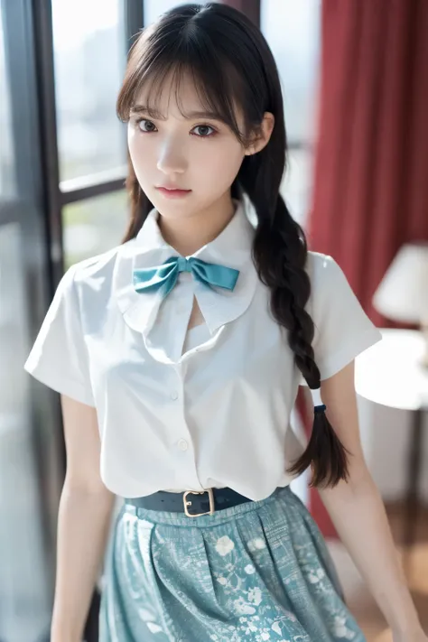 (masterpiece), (最high quality), (Very detailed), (Best Shadow), (photoRealistic:1.4), Frilled blouse, skirt, white ankle socks, (((((A long shot of a woman walking slowly))))), White floral dress, (Bright interior), (Soft Light), (Low contrast), (Shallow d...