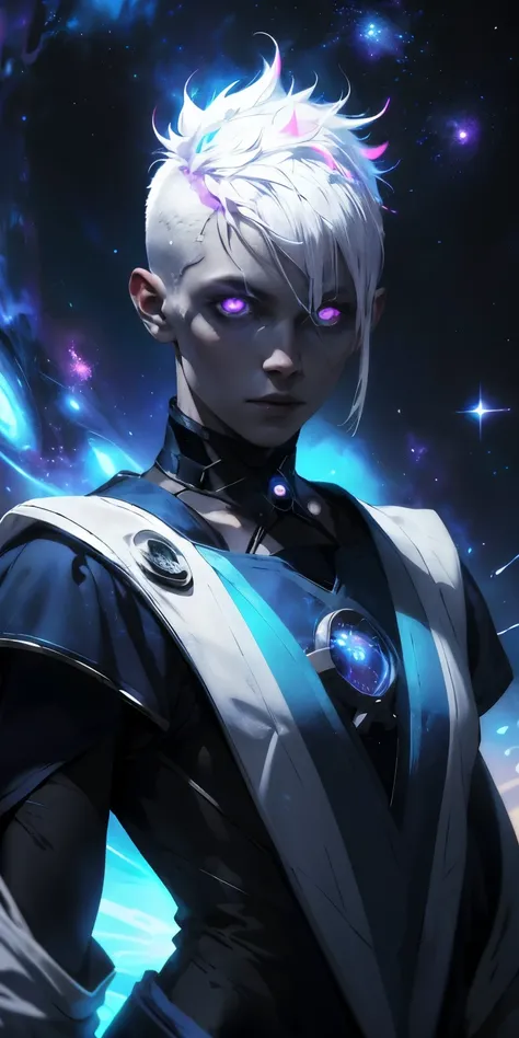 Cosmic sorcerer, adult human, female human, space sorcerer, ((glowing white eyes)), eerie, cosmic, dark space , flowy hair, short hair, boyish hair, ((mohawk haircut)) , flame like hair, fire like hair, cosmic hair, ((white hair)) Very bright space colors,...