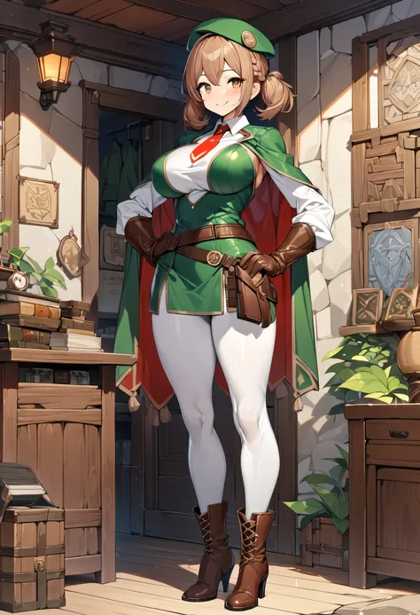 An adventurer guild clerk girl, sexy body, big breasts, big hip, ((green clerk outifit, red necktie, green beret, short cape, white leggings, leather gloves, leather high heels boots, leather belts and pockets, dagger on hips)), (short hair, low brown brai...