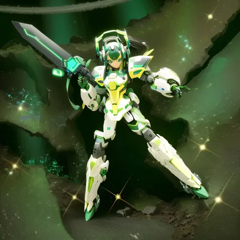 There is a toy with a sword and a woman dressed in green., A mix of anime robots and organic matter, Some parts are shining, Mechanized Valkyrie Girl, A minor mecha wearing mecha cyber armor, Jamming Mech, Chiho Aoshima Color Scheme, Hatsune Miku from Warh...