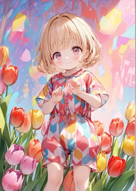 (solo:1.5),1baby(very cute,soft skin,dark eyes,blond hair,soft curly hair,(very short hair:2.0),wearing romper(short sleeve,legless), (looking at viewer),cute smile,full body,cute pose,), BREAK ,(design of the romper(white, cute, colorful tulips(flat desig...