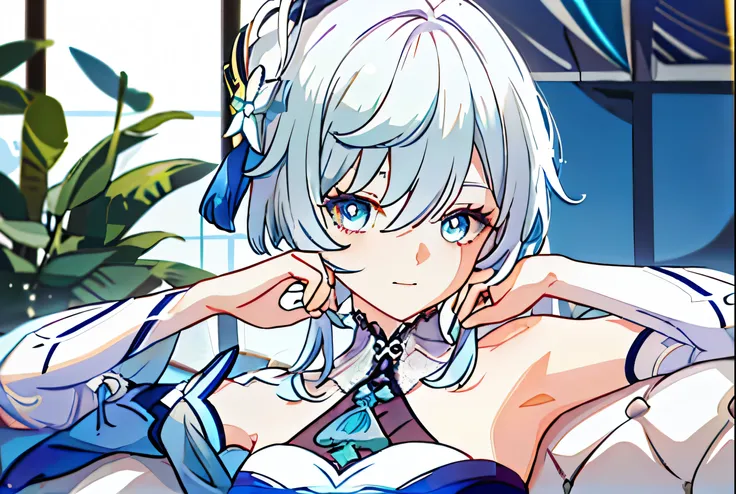 1 girl, white hair, blue sparkling eyes, beauty， laying at sofa，lay down, armpits, pose,  exteriors， daysieackgound， chies， looking at viewer， stairwayont， breast, genshin clothes, strapless, bare shoulders,    detailed face,    detailed eyes