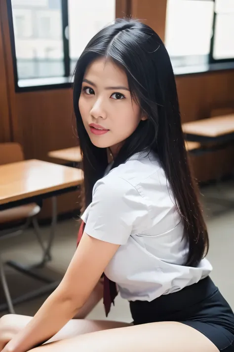 Close up,1 girl{{A beautiful woman wearing a white short-sleeved shirt and a short black A-line skirt}} , striking a sexy pose.  with several lecture tables set up behind it  There is a sliding glass window.  There was evening light streaming into the room...