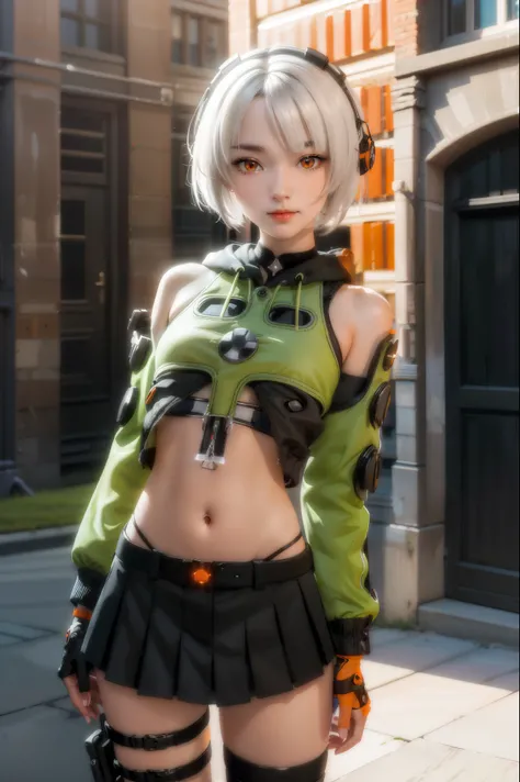 anbydemara, anby demara, (orange eyes:1.5), short hair, white hair,
BREAK bare shoulders, black gloves, black skirt, black thighhighs, fingerless gloves, gloves, green jacket, headphones, jacket, navel, skirt, stomach, thighhighs,
BREAK outdoors, city, sky...